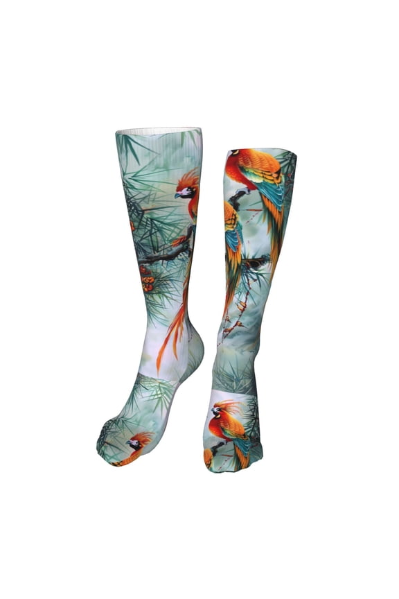 Colorful Birds Pine Branch Funny Silky Novelty Funky Long Knee High Socks Soft 3D Print Cosplay Crazy Stockings for Men Women