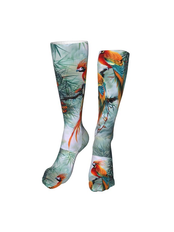 Colorful Birds Pine Branch Funny Silky Novelty Funky Long Knee High Socks Soft 3D Print Cosplay Crazy Stockings for Men Women