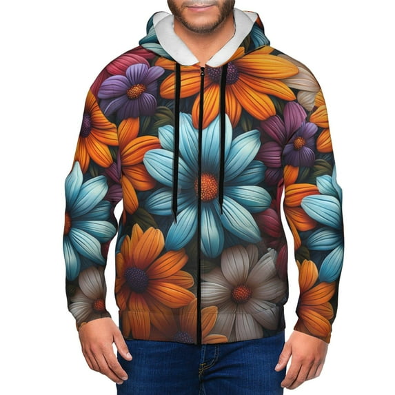 Kdxio Colorful Blooming Flowers Print Men Hoodies Casual Hoodies for Men with Zip Pockets Full Zip Long Sleeve Sweatshirt Sports Hooded Jacket-X-Large