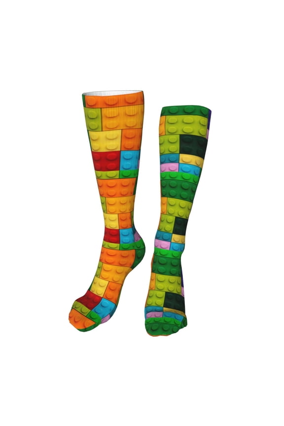 Colorful Building Blocks Funny Silky Novelty Funky Long Knee High Socks Soft 3D Print Cosplay Crazy Stockings for Men Women