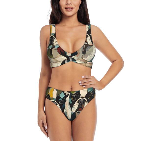 Kdxio Colorful Bulldog Duo Print Women's 2 Piece High Waisted Wrap Spaghetti Strap Summer Swimsuit Bikini Set-Small