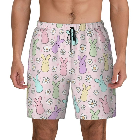 Kdxio Colorful Bunny Print Men's Swim Trunks with Compression Liner 7 Inch Inseam Quick Dry Swim Shorts