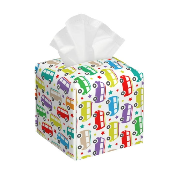 Kdxio Colorful Bus Print Tissue Box Cover,Square Decorative PU Leather Facial Paper Case Organizer Holder Dispenser for Bathroom,Night Stands,Desk,Car 5.2''X5.2''X5.2''