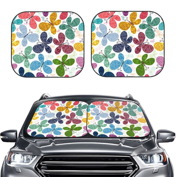 Kdxio Colorful Butterflies Print 2-Piece Sun Shade Front Windshield - Foldable Car Front Window Sunshades For Most Sedans Suv Truck