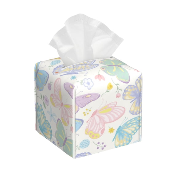 Kdxio Colorful Butterfly Print Tissue Box Cover,Square Decorative PU Leather Facial Paper Case Organizer Holder Dispenser for Bathroom,Night Stands,Desk,Car 5.2''X5.2''X5.2''