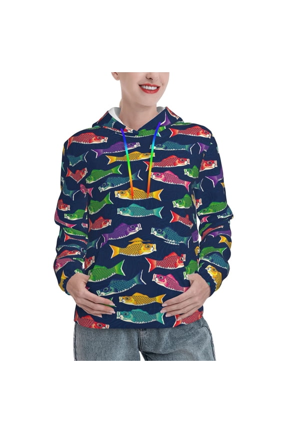 Colorful Carp Streamer 1 Print Womens Oversized Hoodies Sweatshirts Hooded Pullover Tops Sweaters Casual-X-Large