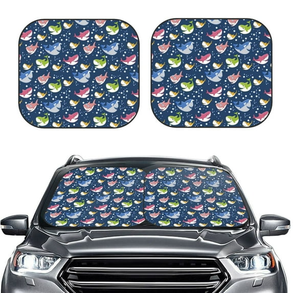 Kdxio Colorful Cartoon Shark Print 2-Piece Sun Shade Front Windshield - Foldable Car Front Window Sunshades for Most Sedans SUV Truck