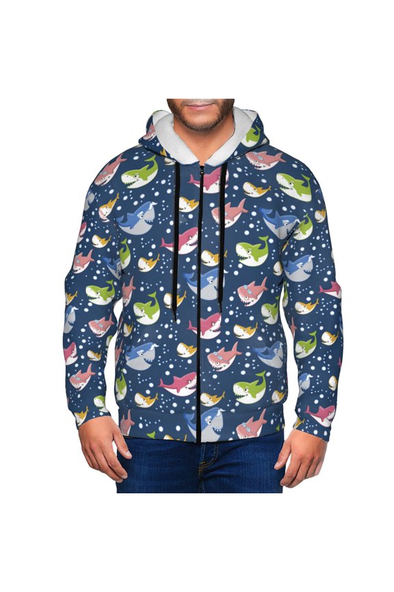Colorful Cartoon Shark Print Men Hoodies Casual Hoodies for Men with Zip Pockets Full Zip Long Sleeve Sweatshirt Sports Hooded Jacket-Large
