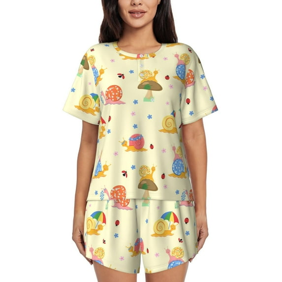 Kdxio Colorful Cartoon Snail Print Pajamas Sets for Women Short-Sleeved Pjs with Lounge Shorts Two Piece Sleepwear S-4XL