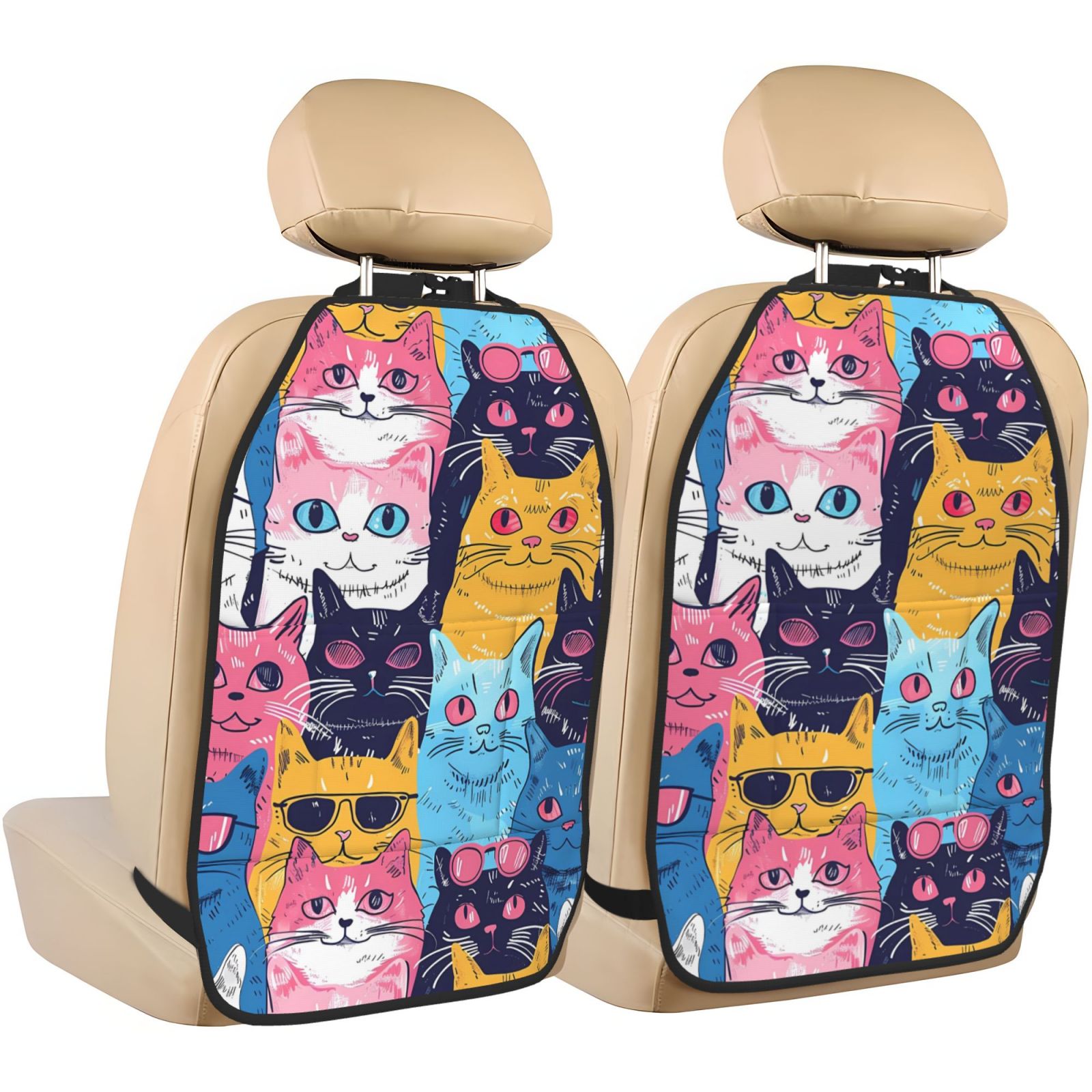 Kdxio Colorful Cats Pattern Art Print 2 Pack Car Kick Mat Seat Cover Back Protector Mat with Pockets for Organizer Backseat Protector and Storage Anti Kick Pad for Vehicles