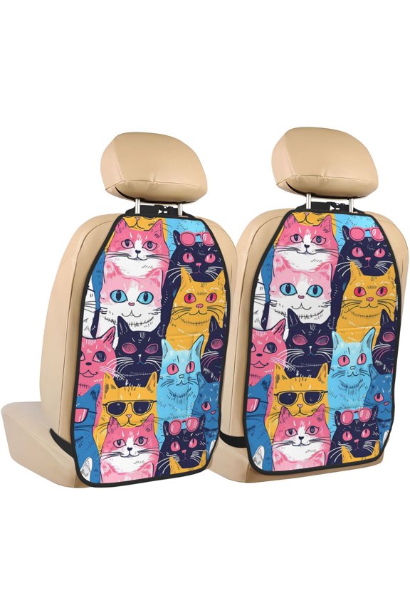 Colorful Cats Pattern Art Print 2 Pack Car Kick Mat Seat Cover Back Protector Mat with Pockets for Organizer Backseat Protector and Storage Anti Kick Pad for Vehicles