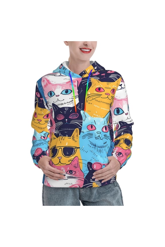 Colorful Cats Pattern Art Print Womens Oversized Hoodies Sweatshirts Hooded Pullover Tops Sweaters Casual-Medium