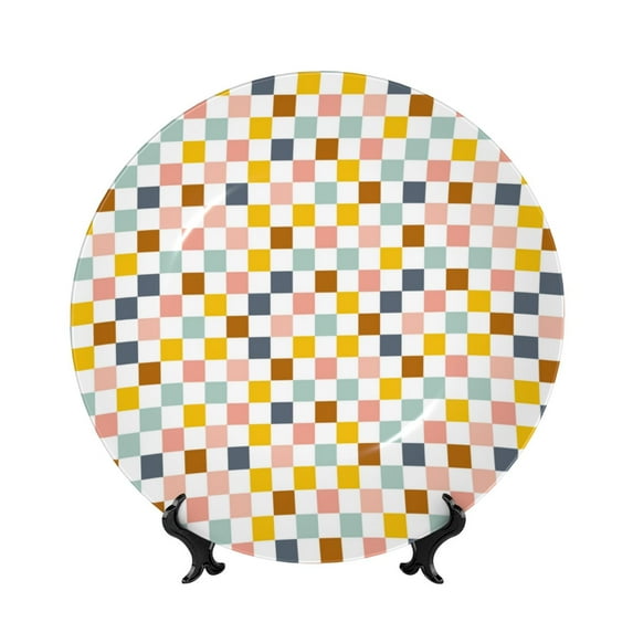 Kdxio Colorful Checkered 1 Bone China Decorative Plate Ceramic Decorative Plate for Home Office Wall Stand Decorative Plates for Home Bedroom-8in
