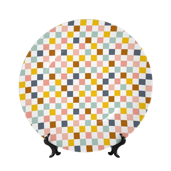 Kdxio Colorful Checkered 1 Bone China Decorative Plate Ceramic Decorative Plate for Home Office Wall Stand Decorative Plates for Home Bedroom-8in