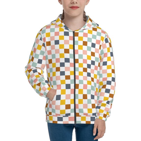 Kdxio Colorful Checkered 1 Pattern Kids Boys Girls Zip Up Hoodie 3D Printed Hooded Sweatshirt Hoody Coat with Pocket 7-12 Y-Small