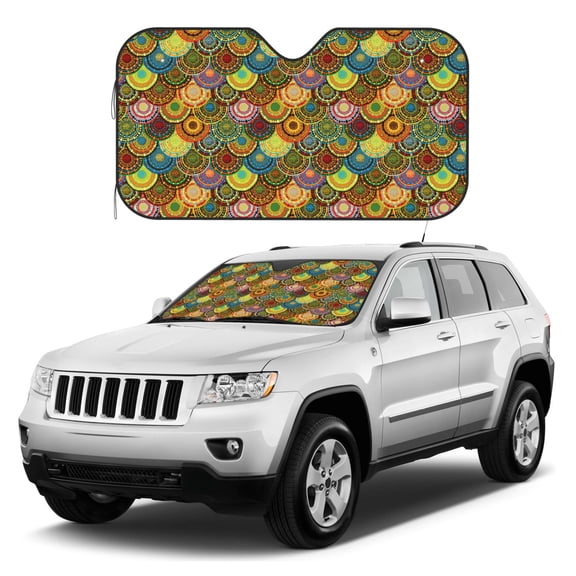 Kdxio Colorful Circle Print Windshield Sun Shade, Foldable Sun Blocker for Car,Truck,SUV Automotive Interior Sun Protection,Reflective Shade for Front Windshield(Medium)