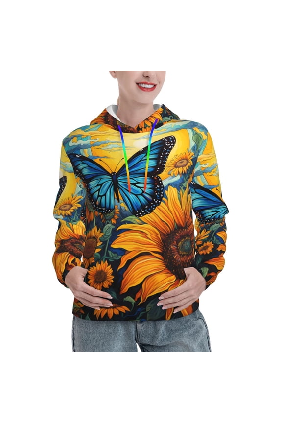 Colorful Cloud Butterfly Sunflower Print Womens Oversized Hoodies Sweatshirts Hooded Pullover Tops Sweaters Casual-Medium