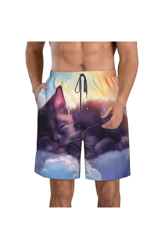 Colorful Cloud Sleeping Cat Pattern Mens Casual Shorts - Drawstring Summer Beach Sports Shorts for Men