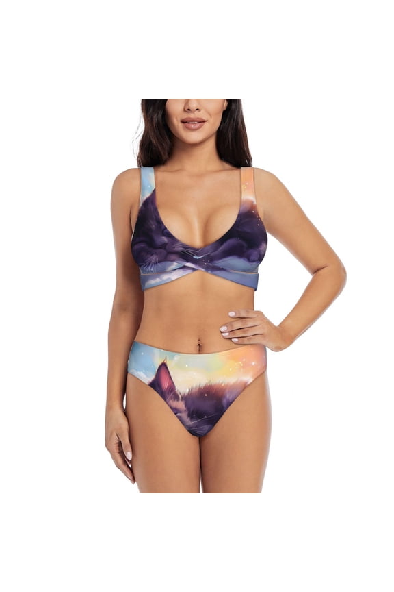 Colorful Cloud Sleeping Cat Print Women's 2 Piece High Waisted Wrap Spaghetti Strap Summer Swimsuit Bikini Set-X-Large