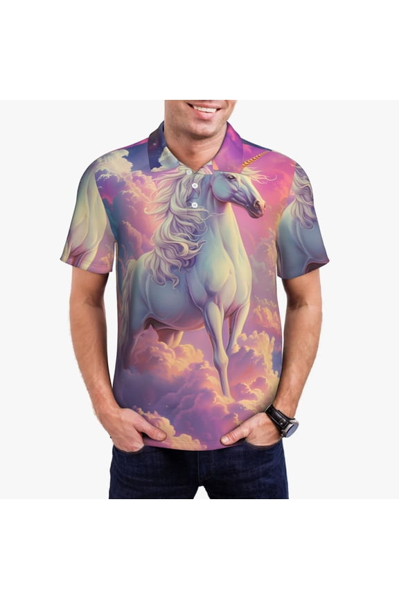 Colorful Cloud White Horse Print Men's Short Sleeve Polo Shirt,Midweight Men's Shirt