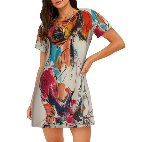 Kdxio Colorful Dachshund Art Pattern Womens Short Sleeve Sleepshirt Scoopneck Cute Nightdress Ruffle Comfy Nightgown