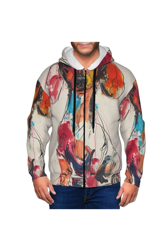 Colorful Dachshund Art Print Men Hoodies Casual Hoodies for Men with Zip Pockets Full Zip Long Sleeve Sweatshirt Sports Hooded Jacket-Large
