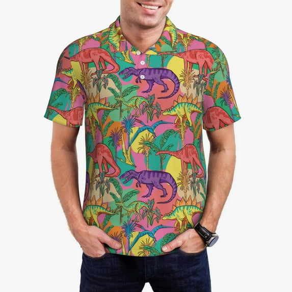 Kdxio Colorful Dinosaur Print Men's Short Sleeve Polo Shirt,Midweight Men's Shirt