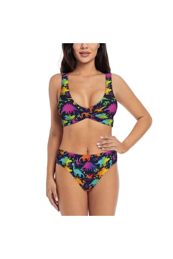 Colorful Dinosaur Print Women's 2 Piece High Waisted Wrap Spaghetti Strap Summer Swimsuit Bikini Set-Medium