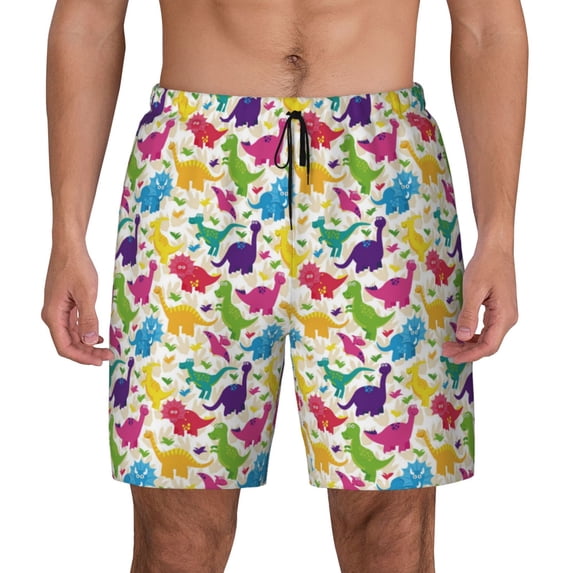 Kdxio Colorful Dinosaurs Print Men's Swim Trunks with Compression Liner 7 Inch Inseam Quick Dry Swim Shorts