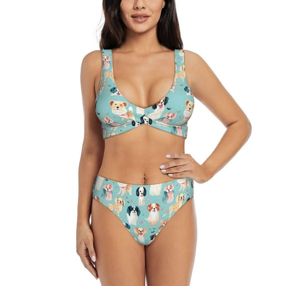 Kdxio Colorful Dog Print Women's 2 Piece High Waisted Wrap Spaghetti Strap Summer Swimsuit Bikini Set-