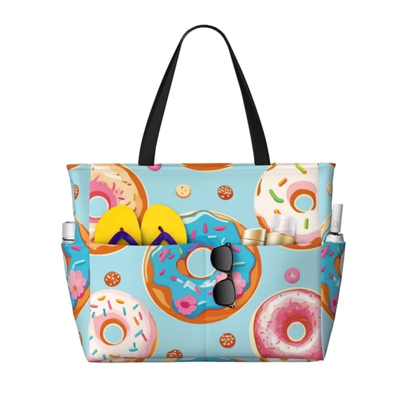 Kdxio Colorful Donut for Beach Bag for Women Large Beach Tote Bag Waterproof Sandproof Swim Bag with Zipper Pockets Beach Vacation Travel