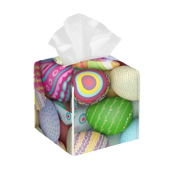 Kdxio Colorful Easter Eggs Print Tissue Box Cover,Square Decorative PU Leather Facial Paper Case Organizer Holder Dispenser for Bathroom,Night Stands,Desk,Car 5.2''X5.2''X5.2''