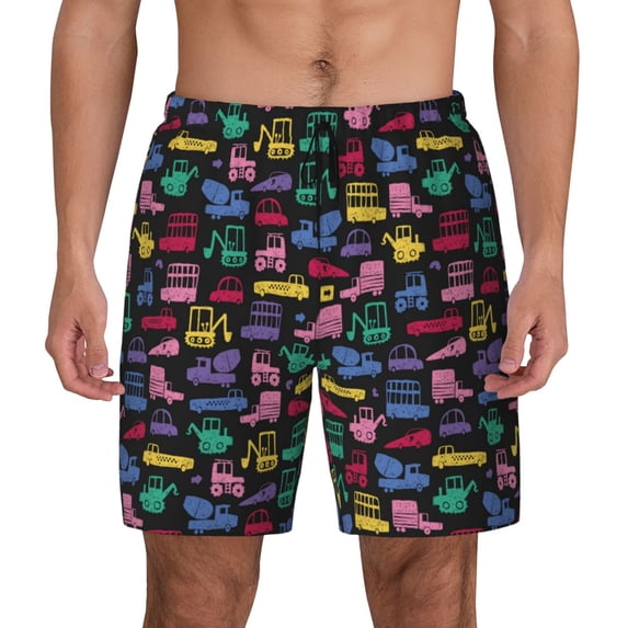 Kdxio Colorful Excavator Print Men's Swim Trunks with Compression Liner 7 Inch Inseam Quick Dry Swim Shorts