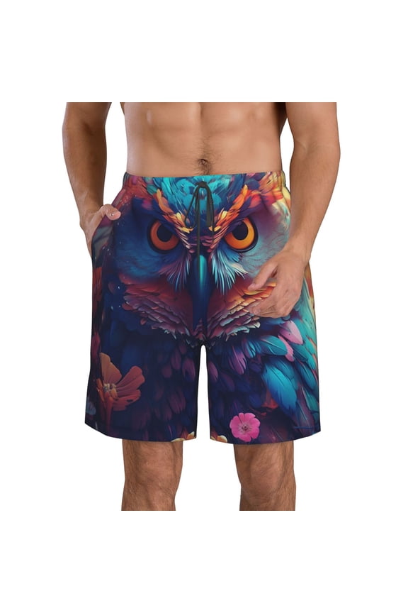 Colorful Feather Owl Pattern Mens Casual Shorts - Drawstring Summer Beach Sports Shorts for Men