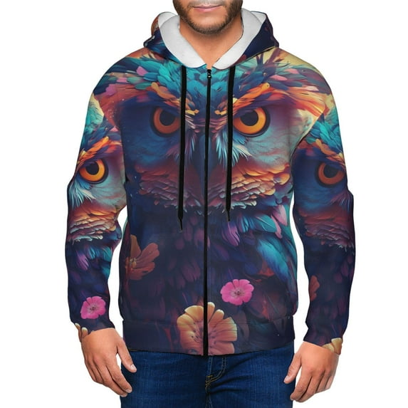 Kdxio Colorful Feather Owl Print Men Hoodies Casual Hoodies for Men with Zip Pockets Full Zip Long Sleeve Sweatshirt Sports Hooded Jacket-X-Large
