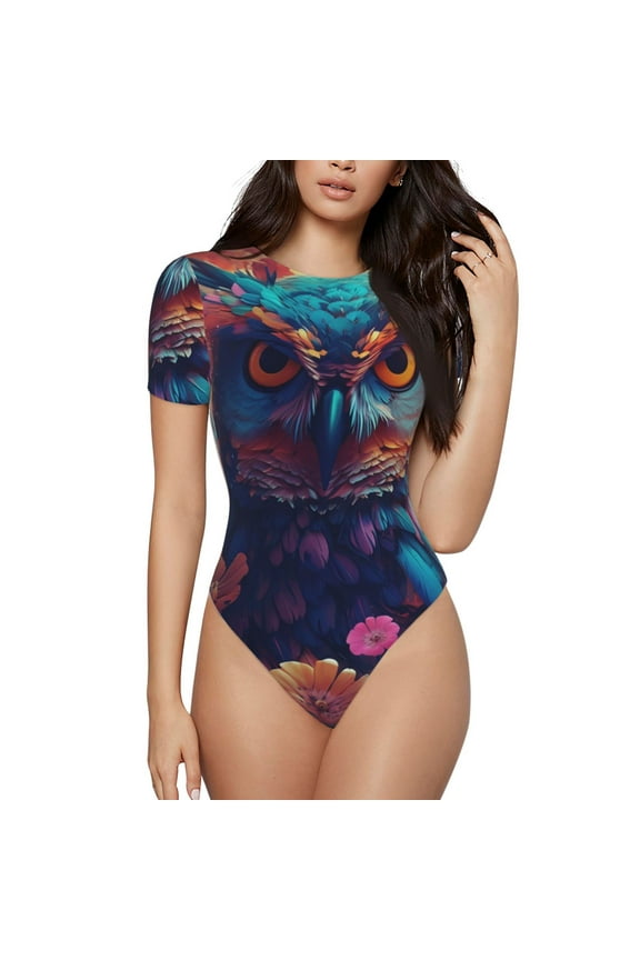 Colorful Feather Owl for Women's Short-Sleeved Onesie Stylish Round Neck Pajamas Bodysuit Jumpsuit Nightwear-Medium