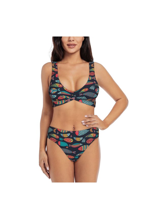 Colorful Fish Print Women's 2 Piece High Waisted Wrap Spaghetti Strap Summer Swimsuit Bikini Set-Small