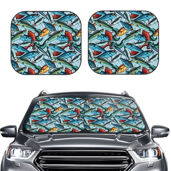 Kdxio Colorful Fishing Baits Print 2-Piece Sun Shade Front Windshield - Foldable Car Front Window Sunshades for Most Sedans SUV Truck