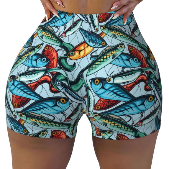 Kdxio Colorful Fishing Baits Print Workout Shorts for Women Seamless Soft Smooth Gym Yoga Scrunch Active Shorts