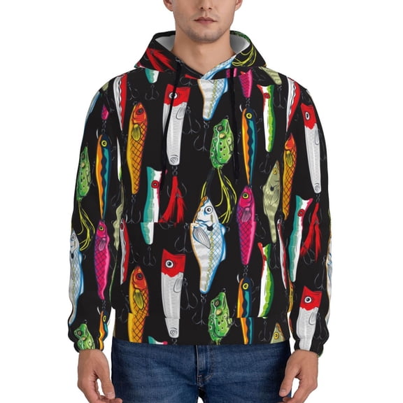 Kdxio Colorful Fishing Lures Print Mens Casual Hooded Collar Drawstring Hoodies Pullover Sweatshirts Casual Long Sleeve Shirts-