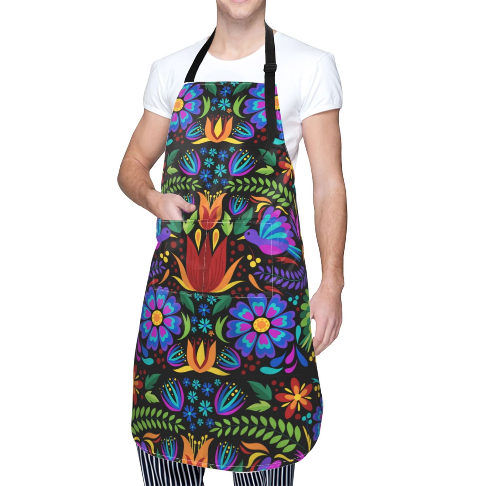 Kdxio Colorful Floral Apron with Pockets Adjustable Kitchen Aprons for Men Women Waterproof Aprons for Cooking,Drawing,Crafting, Baking Household Cleaning