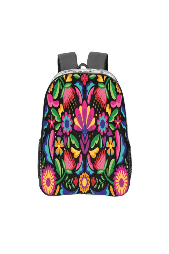 Colorful Floral Embroidery Mexican Clear Backpack, Transparent Bookbag for School for Women Men, Capacity Clear Bag for College, Travel
