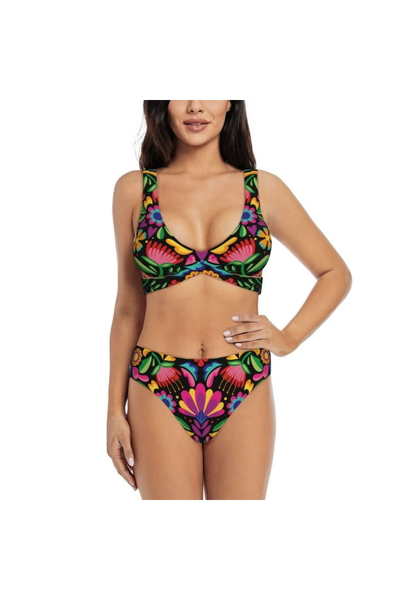 Colorful Floral Embroidery Mexican Print Women's 2 Piece High Waisted Wrap Spaghetti Strap Summer Swimsuit Bikini Set-Medium
