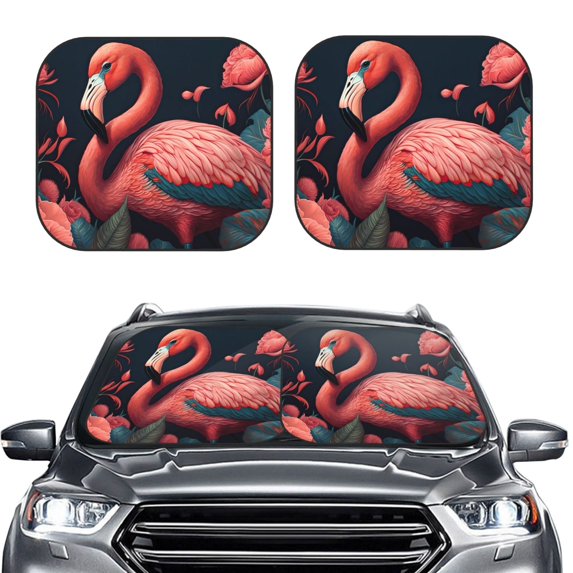 Kdxio Colorful Floral Flamingo Print 2-Piece Sun Shade Front Windshield - Foldable Car Front Window Sunshades for Most Sedans SUV Truck