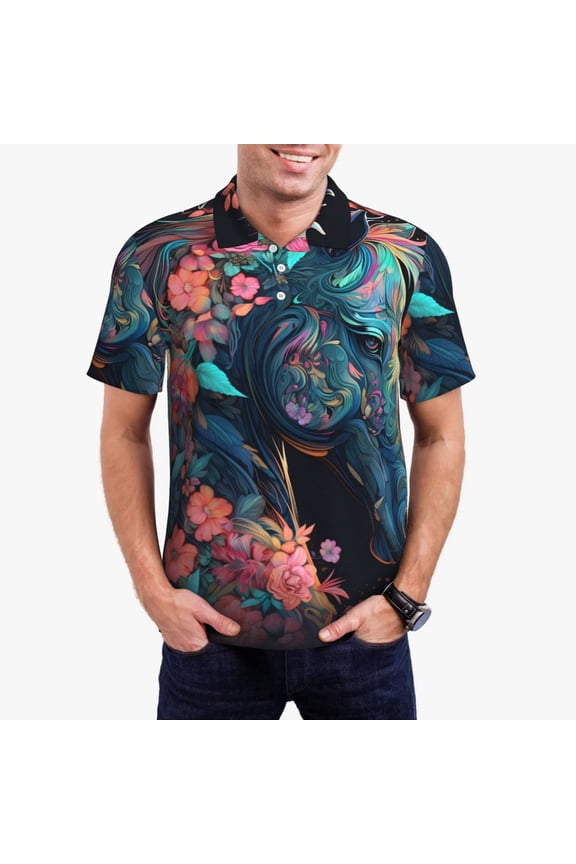Colorful Floral Patterned Horse Print Men's Short Sleeve Polo Shirt,Midweight Men's Shirt