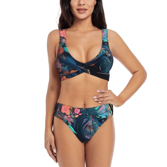 Kdxio Colorful Floral Patterned Horse Print Women's 2 Piece High Waisted Wrap Spaghetti Strap Summer Swimsuit Bikini Set-XX-Large