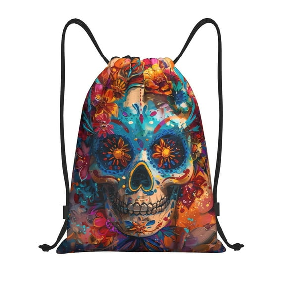 Kdxio Colorful Floral Skull A Print Drawstring Backpack Bag,Waterproof Draw String Back Sack, Gym Drawstring Bags Swim Bag For Unisex