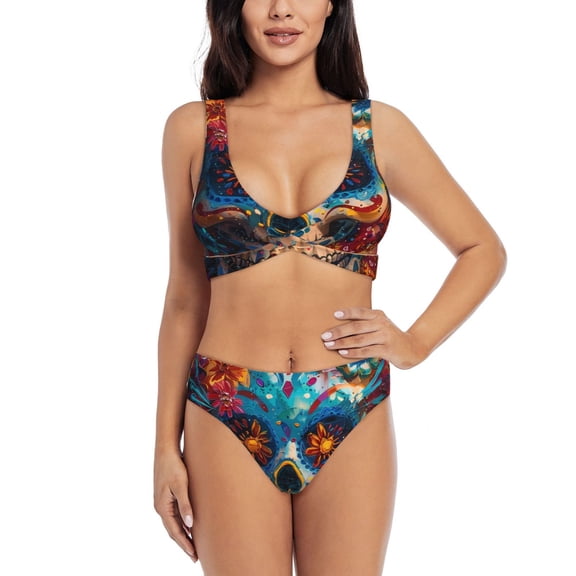 Kdxio Colorful Floral Skull A Print Women's 2 Piece High Waisted Wrap Spaghetti Strap Summer Swimsuit Bikini Set-Large
