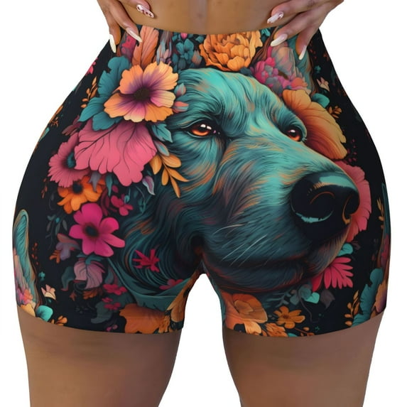 Kdxio Colorful Flower Dog A Print Workout Shorts for Women Seamless Soft Smooth Gym Yoga Scrunch Active Shorts