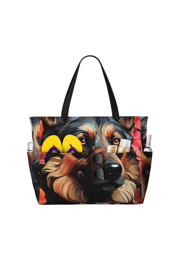 Colorful Flower German Shepherd for Beach Bag for Women Large Beach Tote Bag Waterproof Sandproof Swim Bag with Zipper Pockets Beach Vacation Travel